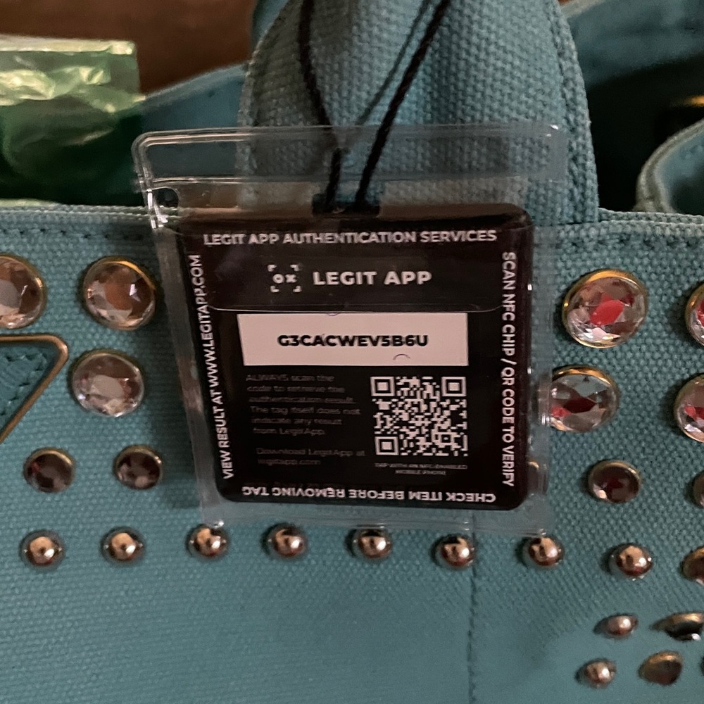 Prada Turquoise Studded Canvas Tote with Detachable Strap COA - Picture 16 of 16